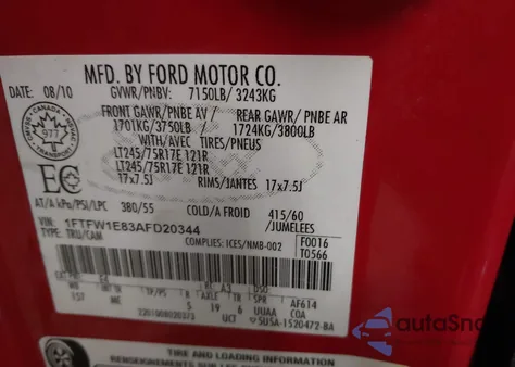 2010 Ford F-150 Xl/Xlt z USA, uszkodzony, nr VIN 1FTFW1E83AFD20344